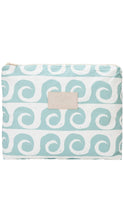 Load image into Gallery viewer, A rectangular zippered pouch featuring a repeating mint green and white wave pattern, with a small beige leather brand patch on the front.