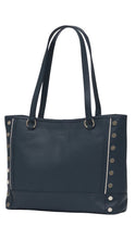 Load image into Gallery viewer, Navy blue tote bag with silver accents on a white background