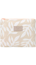 Load image into Gallery viewer, A rectangular zippered pouch with a beige and white leaf pattern, featuring a central beige brand patch that reads 'ALOHA'.