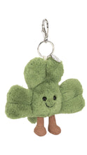 Load image into Gallery viewer, Green plush keychain shaped like a clover with a smiling face on a white background