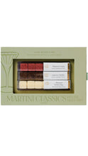 Load image into Gallery viewer, Martini Classics cocktail mixer trio in a sage green gift box, featuring Shimmer Cosmo, Espresso Martini, and Shimmer Lemon Drop mixer cubes.