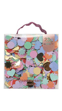 Load image into Gallery viewer, A clear plastic bag filled with assorted party confetti in pastel and metallic colors, with a purple glittery handle and a pink tag that reads '23g CONFETTI'.