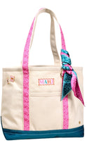 Load image into Gallery viewer, Beige tote bag with pink straps and a colorful scarf, on a white background