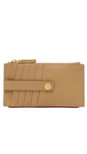 Load image into Gallery viewer, A tan leather zip-around wallet with gold-tone hardware, featuring a strap closure with a snap button and card slots on the front, shown against a plain white background.