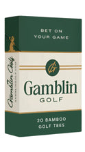 Load image into Gallery viewer, Box of Gamblin Golf bamboo golf tees with green and white design.