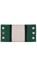 Load image into Gallery viewer, Green and white wallet with silver buttons on a white background
