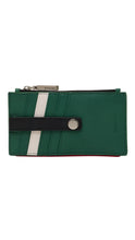 Load image into Gallery viewer, Green wallet with a black strap and white stripe on a white background