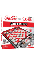 Load image into Gallery viewer, Coca-Cola and Diet Coke Checkers collectible checker set box, featuring a red and white checkerboard game board with branded checkers and bold Coca-Cola branding on the packaging.