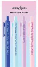 Load image into Gallery viewer, Set of five pens with text design on a pink background, featuring the brand 'Sammy Gorin'.