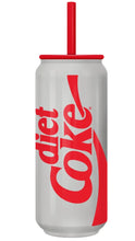 Load image into Gallery viewer, A Diet Coke can-shaped tumbler with a red straw and red lid, featuring the classic red Diet Coke logo on a white can body, isolated on a white background.