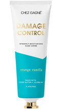 Load image into Gallery viewer, A squeeze tube of Chez Gagné Damage Control hand cream in orange vanilla scent. The tube is white on the top half and bright turquoise blue on the bottom half, with gold lettering for the product name and gold cap.