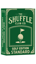 Load image into Gallery viewer, Green packaging of 'The Shuffle Club Co.' Golf Edition playing cards with a golf ball and flag design.