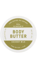 Load image into Gallery viewer, Old Whaling Co. Coconut Milk body butter in a round white 2 oz. container with an olive green and white label.