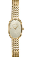 Load image into Gallery viewer, BREDA gold-tone wristwatch featuring an elongated oval case, iridescent mother-of-pearl dial, minimalist gold hour markers and hands, and a polished gold woven-link bracelet.