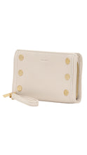 Load image into Gallery viewer, Beige wallet with gold buttons on a white background