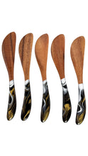 Load image into Gallery viewer, Set of five wooden spreader knives with glossy black, white, and gold marbled handles.