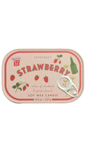 Load image into Gallery viewer, Paddywax Strawberry soy wax candle in a retro-style oval tin with a pull tab, featuring illustrations of strawberries, a cherry, and a green bottle on a light pink label.