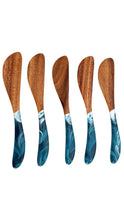 Load image into Gallery viewer, Set of five wooden spreader knives with glossy blue, teal, and white marbled handles.
