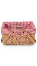 Load image into Gallery viewer, red gingham liner inside of picnic basket with two gingham bows near handles
