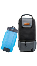 Load image into Gallery viewer, Black insulated cooler with blue ice pack on a white background