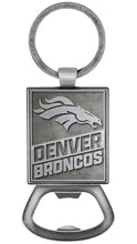 Load image into Gallery viewer, Silver-toned Denver Broncos keychain and bottle opener featuring the team’s horse-head logo and raised “Denver Broncos” lettering on a rectangular metal design, shown against a white background.