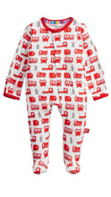 Load image into Gallery viewer, A baby footed one-piece sleeper with a red and gray fire truck pattern on a white background, featuring red trim at the collar and cuffs.