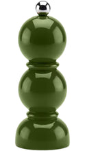 Load image into Gallery viewer, Glossy olive green salt and pepper grinder featuring a sculptural design of three stacked rounded spheres, decorative ring detailing, a polished silver ball-shaped top knob, and a rounded base.
