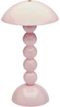 Load image into Gallery viewer, Pastel pink table lamp featuring a wide, dome-shaped mushroom shade, glossy stacked spherical stem, and rounded pedestal base in a matching soft pink finish.