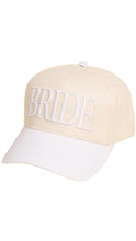Load image into Gallery viewer, Beige and white cap with 'BRIDE' text on a white background