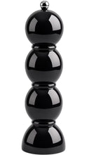 Load image into Gallery viewer, Glossy black salt and pepper grinder featuring a sculptural design of four stacked rounded spheres, decorative ring detailing, a small ball-shaped top knob, and a rounded base.