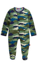 Load image into Gallery viewer, A baby footed one-piece sleeper with a green, blue, and beige mountain camouflage pattern, shown flat on a white background.