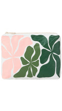 Load image into Gallery viewer, A rectangular zippered pouch featuring a bold, stylized floral pattern with a large light pink flower on the left, a medium green flower in the center, and two dark green leaves on the right, all outlined in white on a white background.
