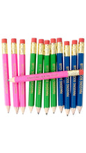 Load image into Gallery viewer, A set of 12 wooden pencils arranged in three vertical rows of four, featuring pink, green, and blue barrels with gold ferrules and red erasers. One pink pencil is placed horizontally across the middle, crossing the erasers of the green and blue pencils.