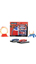 Load image into Gallery viewer, Red gift box with contents displayed (2 race cars, stunt tunnel and fire ring).