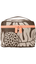 Load image into Gallery viewer, ALOHA rectangular toiletry bag featuring a taupe and cream tropical botanical print with oversized leaves and fruit motifs, a contrasting coral pink double-zip closure, matching ALOHA zipper pulls, and a brown top carrying handle.