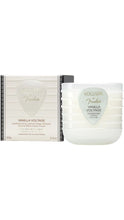Load image into Gallery viewer, Voluspa x Fender Vanilla Voltage 3.5 oz coconut wax candle in a white ribbed glass jar with a pale mint guitar pick-shaped label, displayed beside its matching cream-colored box with black trim.