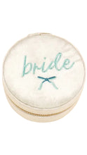 Load image into Gallery viewer, Round white jewelry box with 'bride' embroidered on it against a white background