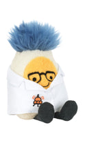 Load image into Gallery viewer, Plush toy resembling a cartoon character scientist with blue hair and glasses, wearing a lab coat.