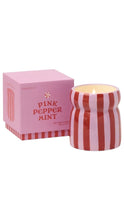 Load image into Gallery viewer, A pink and red striped wax melt candle next to its pink packaging box, labeled 'Pink Peppermint'.