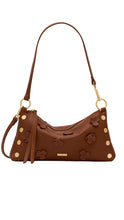 Load image into Gallery viewer, A brown leather shoulder bag with embossed floral details, gold-tone studs, and a matching leather strap, shown against a plain white background.