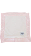 Load image into Gallery viewer, A pink luxury baby lovey blanket with satin trim, made from microfiber and polyester satin, displayed on a white background.