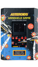Load image into Gallery viewer, Asteroids Handheld Game retail box featuring retro space-themed artwork with a printed control panel and red buttons on the front.