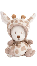 Load image into Gallery viewer, A plush toy bear with a giraffe-inspired hoodie, primarily beige and brown in color, designed to look like a giraffe.