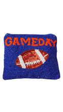Load image into Gallery viewer, Blue beaded zip pouch featuring bright orange “GAMEDAY” lettering and a sequined football design with white accents.