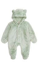 Load image into Gallery viewer, A spruce green fleece baby footie with built-in cuffs and a hood.