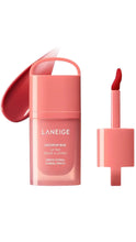 Load image into Gallery viewer, Coral pink Laneige Juicepop Box Lip Tint in the shade Disco Coral, shown with the applicator wand and a glossy swatch of the vibrant coral-red lip color against a white background.