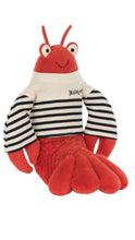 Load image into Gallery viewer, Red plush lobster toy with a striped shirt on a white background