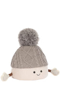 Load image into Gallery viewer, A cute, smiling knit pom-pom hat with a gray cable-knit top section, a cream ribbed brim, and small white hands and brown arms extending from the sides, set against a plain white background.