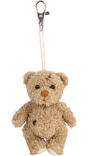 Load image into Gallery viewer, Small tan teddy bear plush keychain with curly-textured fur, black bead eyes, an embroidered brown nose, and a silver lobster-clasp clip attached by a cream cord, shown against a white background.