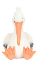 Load image into Gallery viewer, Plush toy pelican with a white body, orange beak, and feet on a white background